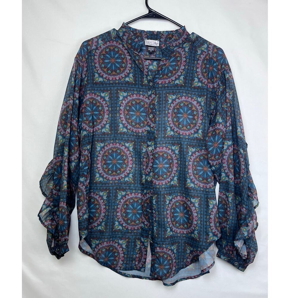 Tasha Polizzi Women Med Blue Sheer Geo Print Dressy Boho Western Office Shirt